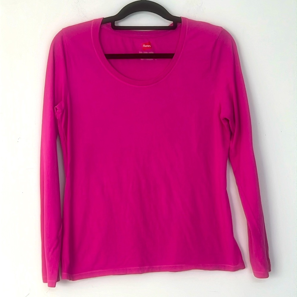 🌞 Hanes y2k barbiecore pink long sleeve crew neck top women size M